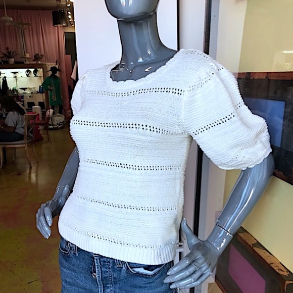 HOUSE OF HARLOW Pointelle Knit Puff-Sleeve Sweater NWOT/sz: S - Picture 1 of 12